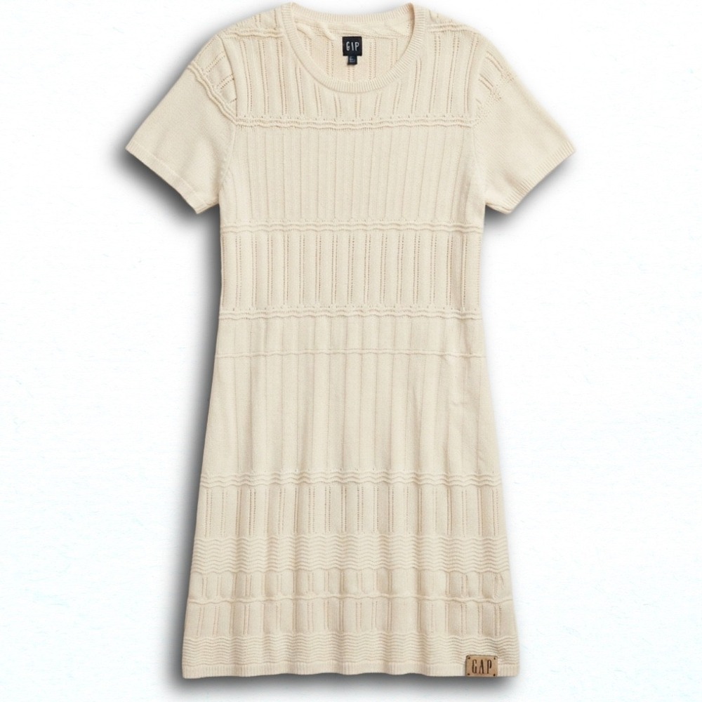 Gap Womens Cream Pointelle Knit Short Sleeve Sweater Dress Ivory XL
